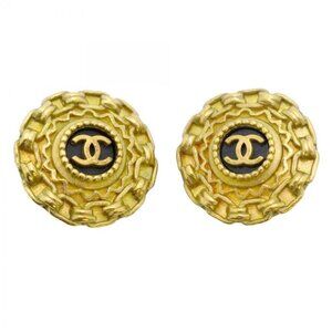 Chanel Earrings Vintage CC Logo Gold Plated Black Cles Diamonds Gold Black